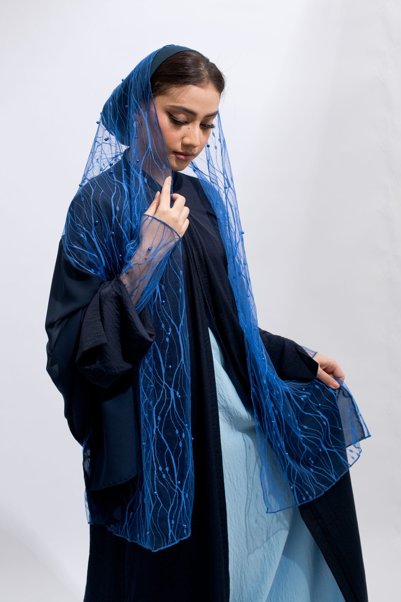Shades of Blue Beaded Lace Royal Blue Abaya