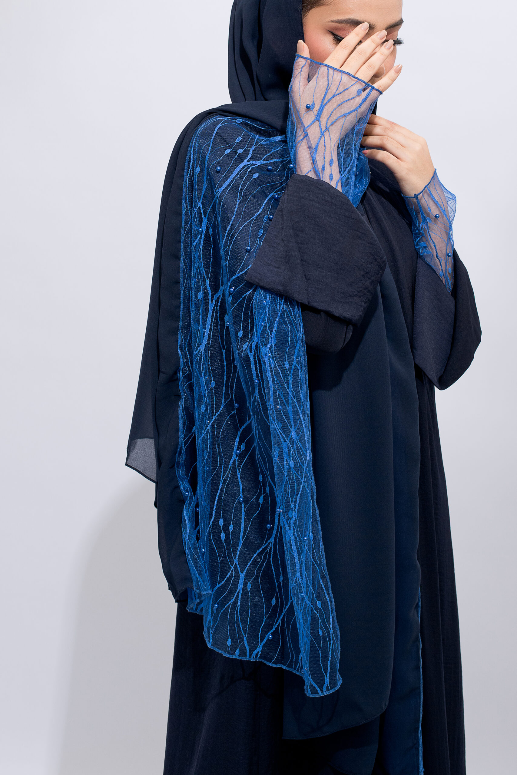 Shades of Blue Beaded Lace Royal Blue Abaya